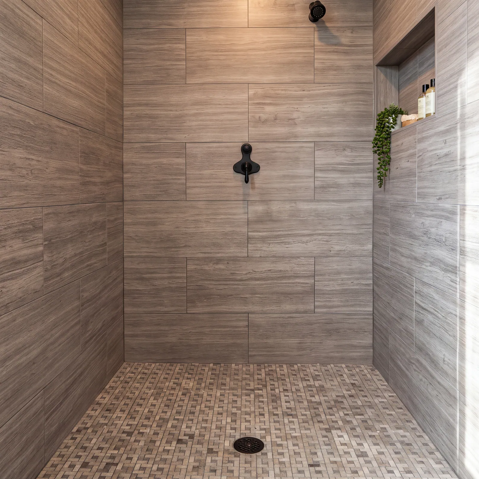 A walk-in shower with large grey wood-grain tiles, a black shower valve, a recessed niche with a trailing plant, and a mosaic tile floor with a round drain.