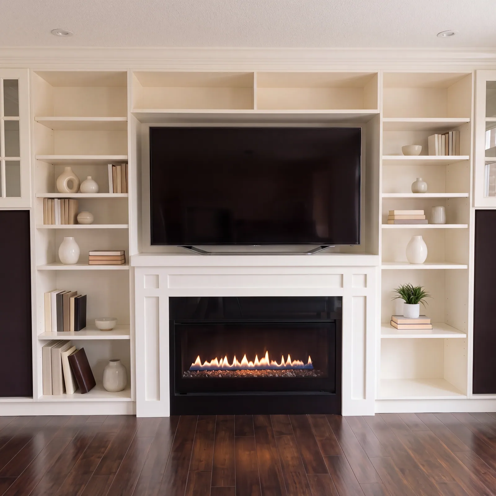 A white built-in wall with open shelves, glass-front cabinet ends, a wall-mounted television and a lit gas fireplace, over a dark wood floor.