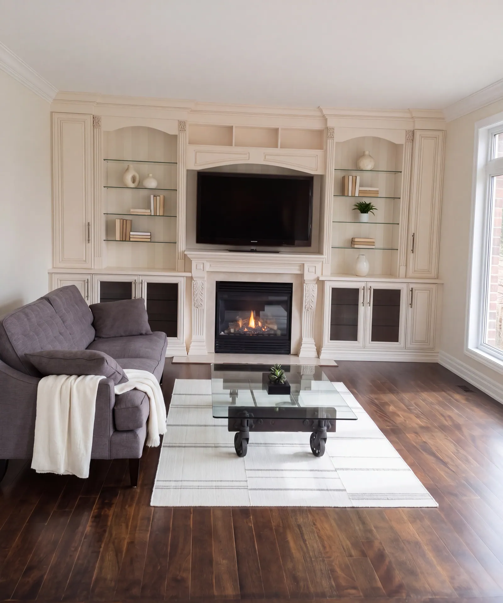 A cream built-in wall unit with glass shelves, arched trim, a television and a fireplace with carved pilasters, in a living room with a grey sofa, a glass coffee table and a dark wood floor.